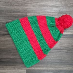 NWT Cozy Winter Beanie Hat 100% Wool Striped Red Green Elf Parcial Fleece Li…